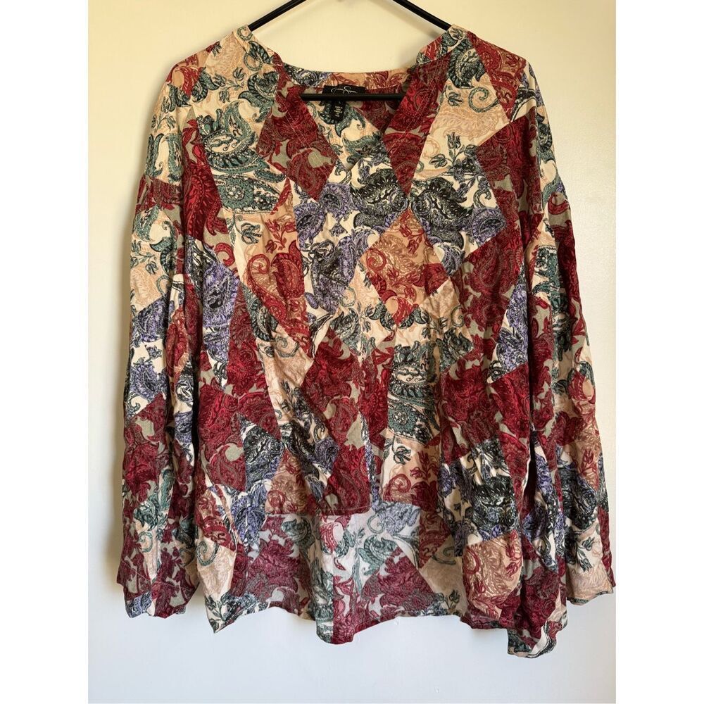 Jessica Simpson patchwork paisley women’s sz L blouse boho hippie multicolor